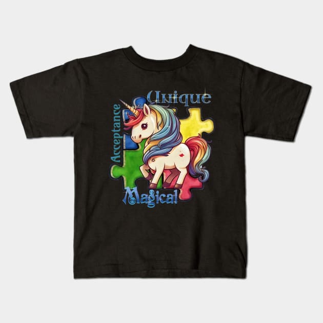 Autism Awareness Kawaii Unicorn and Puzzle Pieces Kids T-Shirt by mythikcreationz